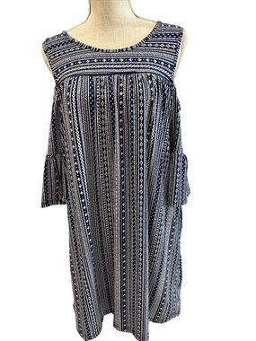 Robert Louis Cold-Shoulder Navy & White Geometric Print Dress Ruffle Sleeves si